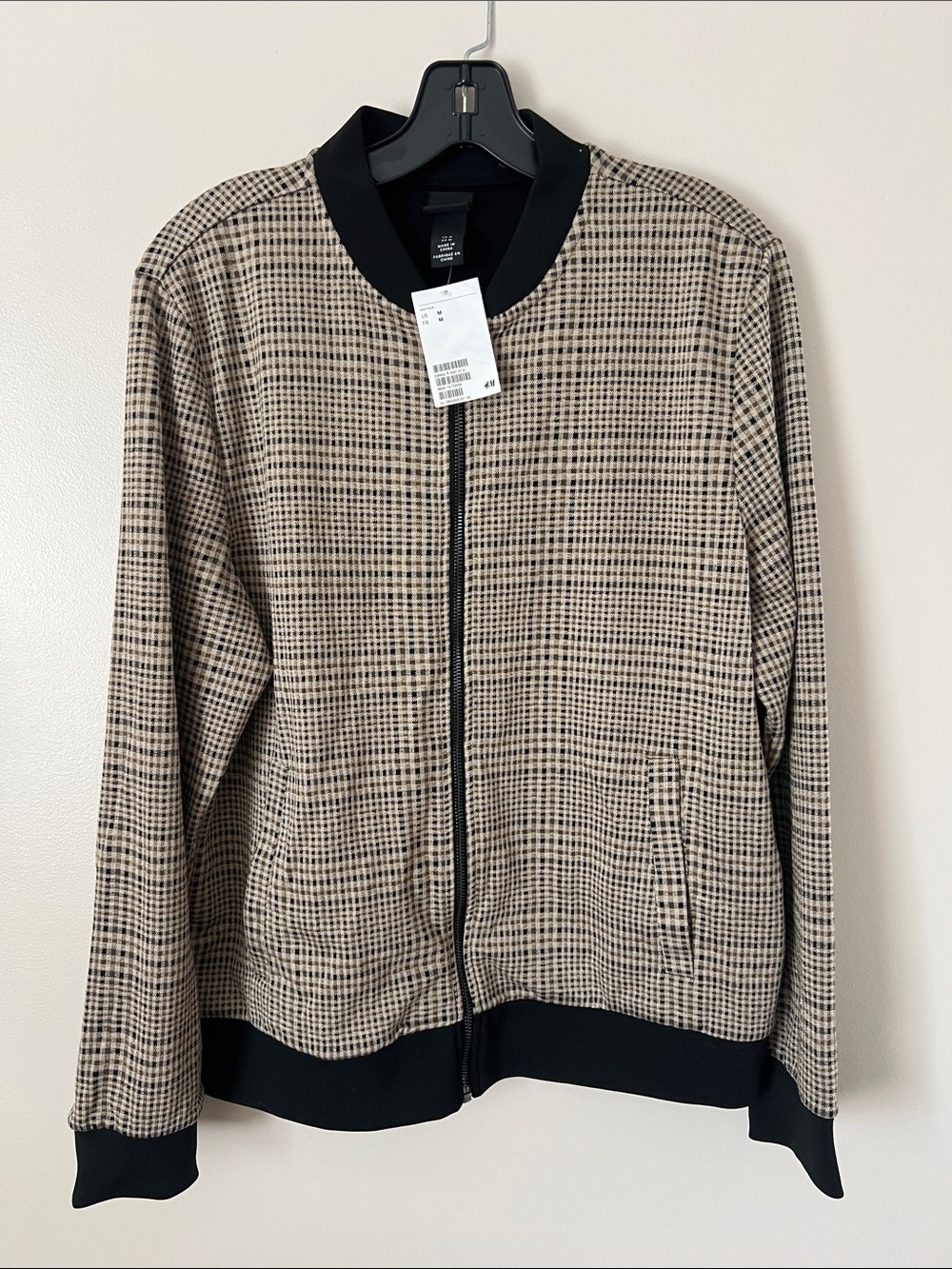 H&M Beige and Black Check Bomber Jacket